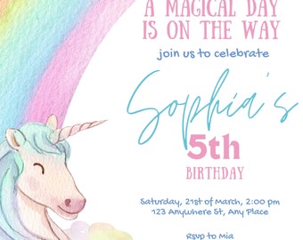 Personalized Unicorn Birthday Party Invitation Digital Download Printable