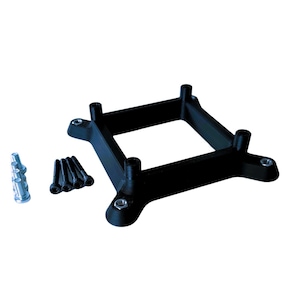 May include: A black square mounting bracket with four corner posts and integrated metal nuts. The set includes four long black screws and four silver metal standoffs, designed for securing hardware components in a computer or electronic assembly.