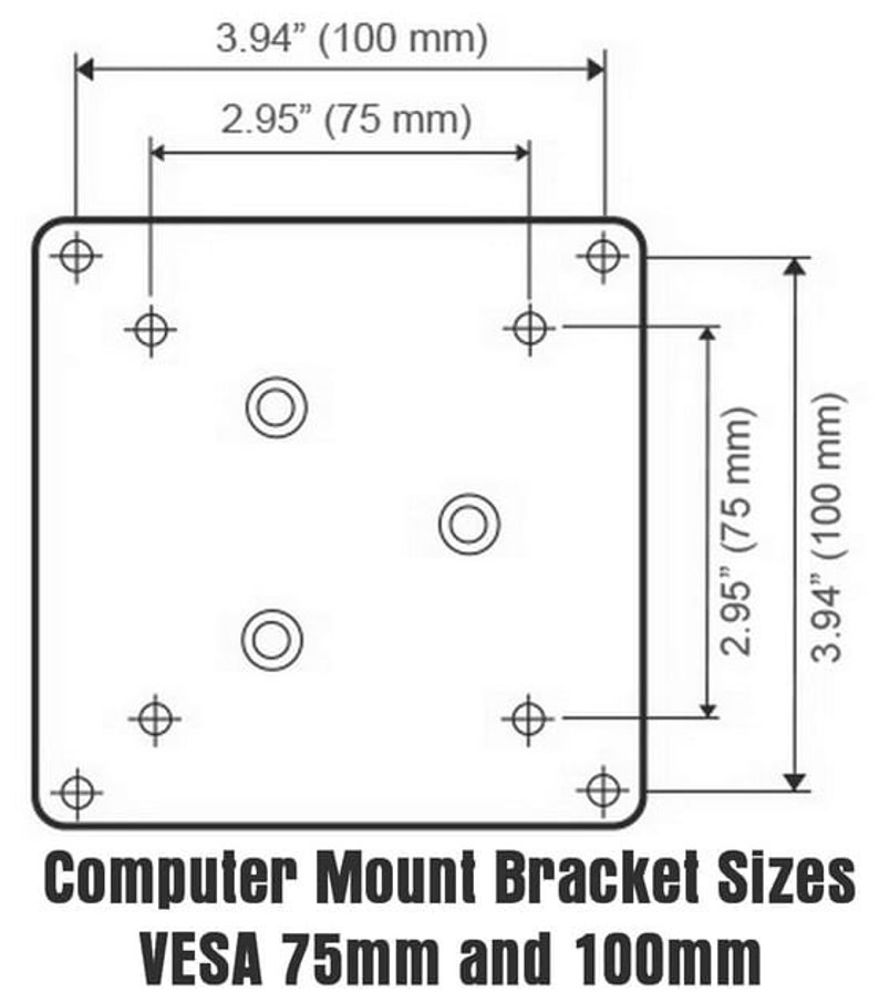 May include: Diagram showing the standard VESA mounting hole patterns for computer monitors. The diagram shows two different sizes: 75mm x 75mm and 100mm x 100mm. The measurements are shown in both inches and millimetres.