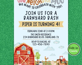 Invitación de cumpleaños con temática de granja, editable. ¡Oink, Neigh, Baa, Mu! (DESCARGA INSTANTÁNEA)