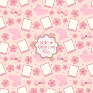 May include: A repeating pattern featuring pink flowers, bows, socks, and tablets on a light peach background. The design includes the text "Kibler Creative Co." in a decorative label. The overall theme is feminine and playful.