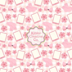 May include: A repeating pattern featuring pink bows, flowers, socks, and tablets on a light pink and white checkered background. The design includes the text "Kibler Creative Co." in a decorative frame.