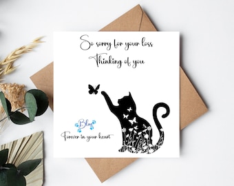 Tarjeta personalizada - Pensando en ti - Lamento mucho tu pérdida - Hermosa tarjeta texturizada 15x15cm - Pérdida de mascota - Simpatía - Gato- Duelo