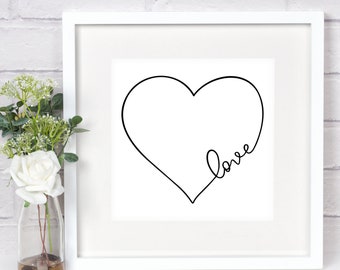 Love heart black and white art print mounted 10"x 10" - bedroom art print, valentine's gift, anniversary gift, wedding gift, wall art