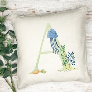 Hermoso cojín con el alfabeto submarino: todas las letras disponibles, almohada, regalo, cojín impreso, cojín decorativo para habitación infantil, guardería