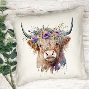 Hermoso cojín con estampado de vaca de las Tierras Altas en acuarela - almohada - regalo - cojín impreso - cojín decorativo