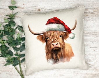 Christmas Watercolour printed cushion - Highland Cow - Cat - Rabbit - Dog - Owl - gift - printed cushion - decorative cushion
