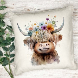 Hermoso cojín con estampado de vaca Highland de acuarela - almohada - regalo - cojín impreso - cojín decorativo