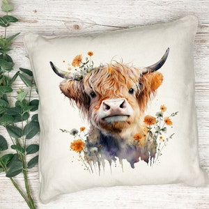 Hermoso cojín con estampado de vaca de las Tierras Altas en acuarela - almohada - regalo - cojín impreso - cojín decorativo