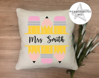 Gorgeous personalised teacher cushion 40cm x 40cm linen or burlap style - bright pencil design - teacher, nursery, thank you,