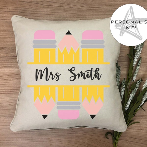 Gorgeous personalised teacher cushion 40cm x 40cm linen or burlap style - bright pencil design - teacher, nursery, thank you,