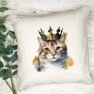 Cojín con estampado a mano de acuarela de gatos gruñones con coronas - almohada - regalo - cojín impreso - cojín decorativo