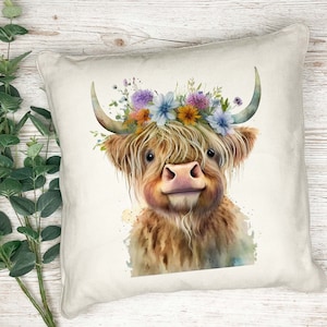 Hermoso cojín con estampado de vaca Highland de acuarela - almohada - regalo - cojín impreso - cojín decorativo