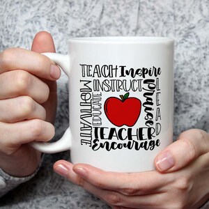 Linda caneca 'ensinar inspirar encorajar', cartão de felicitações de luxo, almofada - professor, creche, agradecimento, presente de fim de período, presente de aniversário para professor