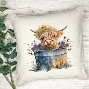 Hermoso cojín con estampado de vaca de las Tierras Altas en acuarela - almohada - regalo - cojín impreso - cojín decorativo