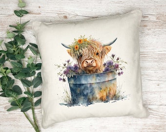 Beautiful watercolour Highland Cow print cushion - pillow - gift - printed cushion - decorative cushion