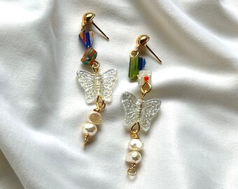Pearl Butterfly earrings, Millefiori bead, rainbow earrings, elegant pearls, gold butterfly earrings, summer jewelry