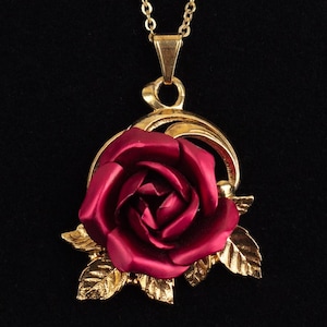 Vintage 1980s gold tone rose pendant necklace with red enamel flower, romantic floral jewelry, bold statement gift for women