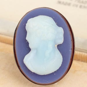 Antique victorian cameo brooch with blue silhouette, oval portrait pin in brass setting, 1800s mourning jewelry, gift for collector