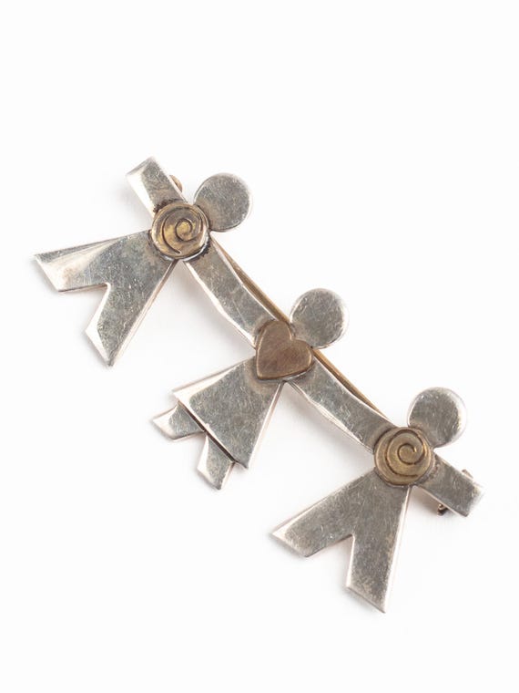 Vintage 1990s Sterling Silver Family Brooch With Brass 