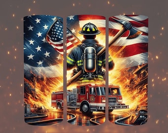 Diseño de sublimación para vaso de bombero Descarga digital PNG de bombero Vaso patriótico de 20 oz Plantilla delgada de EE. UU. Héroe primero