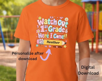 First Grade Png Custom Name After Download Student Design Template Back School File Day Shirt Personalized Kid Iron Transfer Retro Coquette
