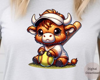 Illustrazione digitale di una mucca ad acquerello, download digitale, mucca delle Highlands, giornata di softball, cucciolo di bovino, vitello carino, illustrazione PNG, animale da fattoria