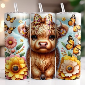Highland Cow Spring 3D, 20oz Skinny Tumbler, Sublimation Design, Digital Download, PNG 20oz Straight Tumbler Wrap, Butterflies Tumbler Cow
