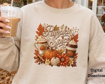 Pumpkin Spice Png Digital Download Fall Sublimation Design Men Shirt Graphic Instant Template Autumn Coffee Mug Faux Rhinestone Transfer