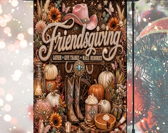 Friendsgiving Garden Flag PNG Western Fall Decor Faux Rhinestone Thanksgiving Pumpkin Cowgirl Autumn Yard Flag Digital Download