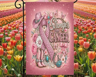 Stronger Than Cancer Garden Flag PNG Breast Cancer Awareness Pink Ribbon Western Cowgirl Faux Rhinestone Digital Download