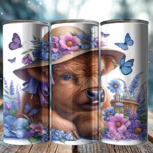 Highland Cow Spring 3D, 20oz Skinny Tumbler, Sublimation Design, Digital Download, PNG 20oz Straight Tumbler Wrap, Butterflies Tumbler Cow