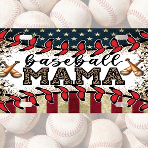 May include: A red, white, and blue American flag design with a baseball diamond and the words "baseball mama" in gold glitter letters. The letters are in a leopard print pattern. Two crossed baseball bats are on the right side of the design.