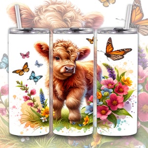 Highland Cow Spring 3D, 20oz Skinny Tumbler, Sublimation Design, Digital Download, PNG 20oz Straight Tumbler Wrap, Butterflies Tumbler Cow