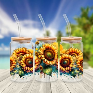 Sunflowers - Watercolor Style - Frosted Glass Can Wrap - 16oz - PNG - Digital Sublimation Design - Instant Download
