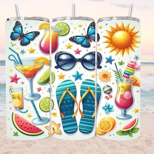 Sommer Tumbler Wrap, 20oz Skinny Sublimation Tumbler Design, Aquarell Sommer Sublimation Design, Flip Flop Tumbler Png Downloads