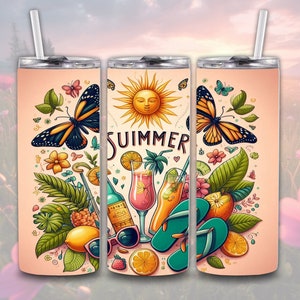 Sommer Tumbler Wrap, 20 Unzen Skinny Sublimationsbecher Design, Aquarell Sommer Sublimationsdesign, Flip Flop Tumbler Png Downloads