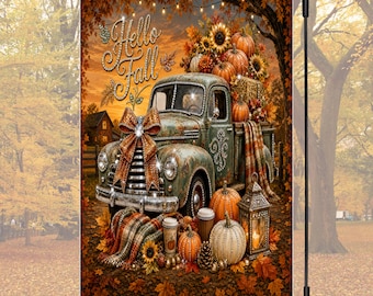 Hello Fall Flag Garden Design Pumpkin Truck Vintage Farmhouse Autumn Yard Sublimation Download 12x18 Garden Flag Png Rhinestone Artwork