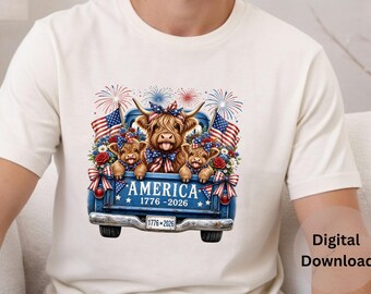 Patriotic Cow Png Highland Cow Usa Design America 1776 2026 Anniversary Fourth July Sublimation Download Digital File Farmhouse Graphic