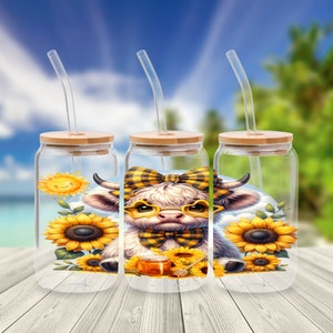 Highland Cow Sunflowers - Watercolor Style - Frosted Glass Can Wrap - 16oz - PNG - Digital Sublimation Design - Instant Download