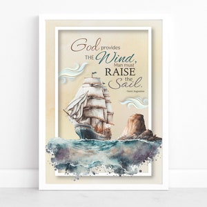 Ship On the Ocean Waves with Christian Quote Saying by Augustine, Watercolor Wall Art Poster Picture Image Home Decor Wall Hanging