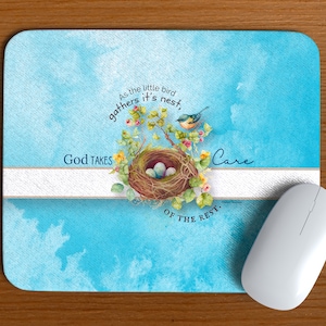 Bird in Nest With Poem DIGITAL Download Computer Christian Mouse Pad Blue Background Office Desk Accessory Item