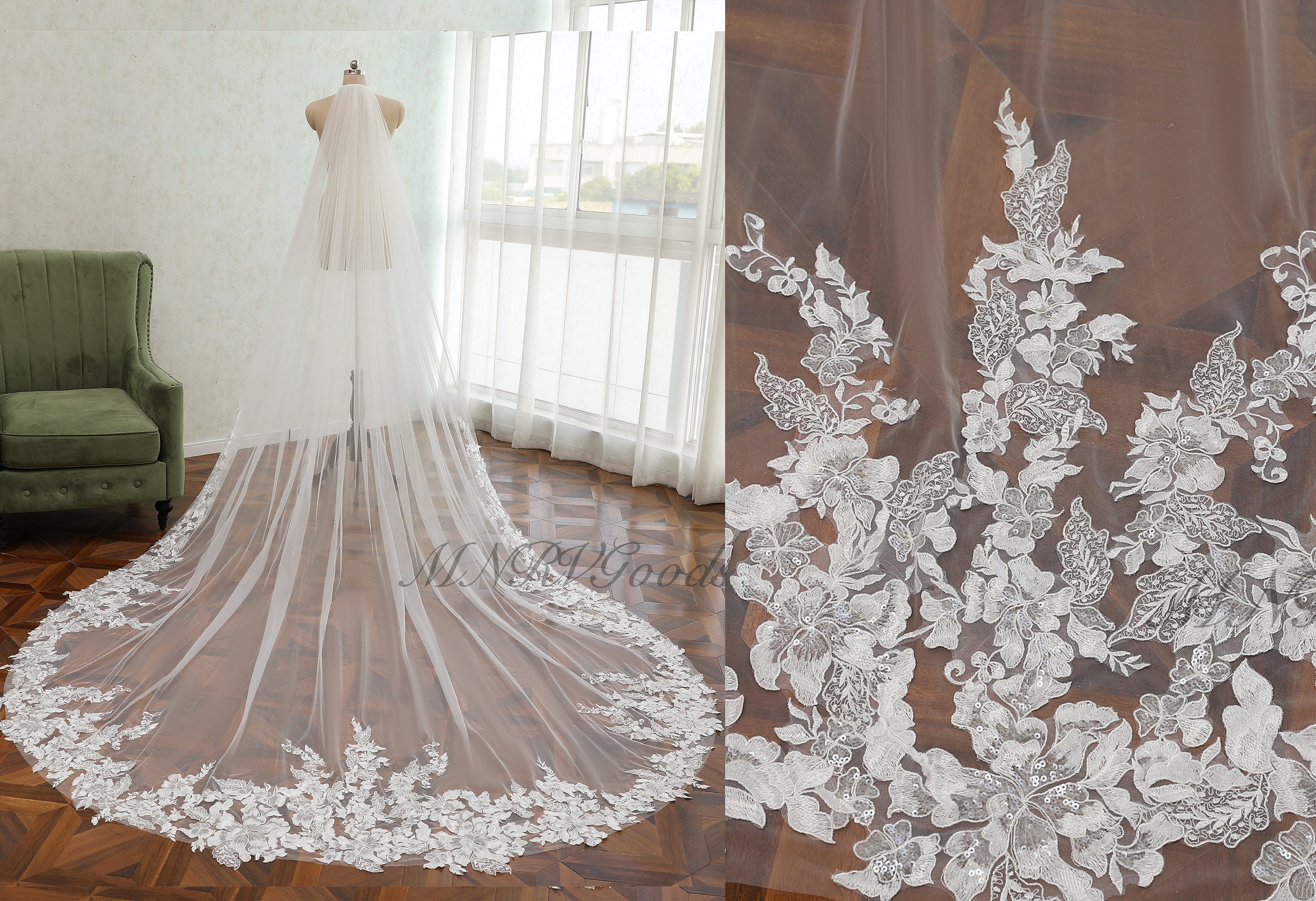 Royal Cathedral Wedding Veil with Beaded Lace Edge CF280