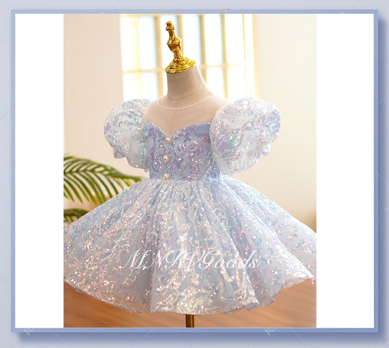 Blue Sequin Flower Girl Dress Tutu Gown Big Print Sequin Dress - Etsy