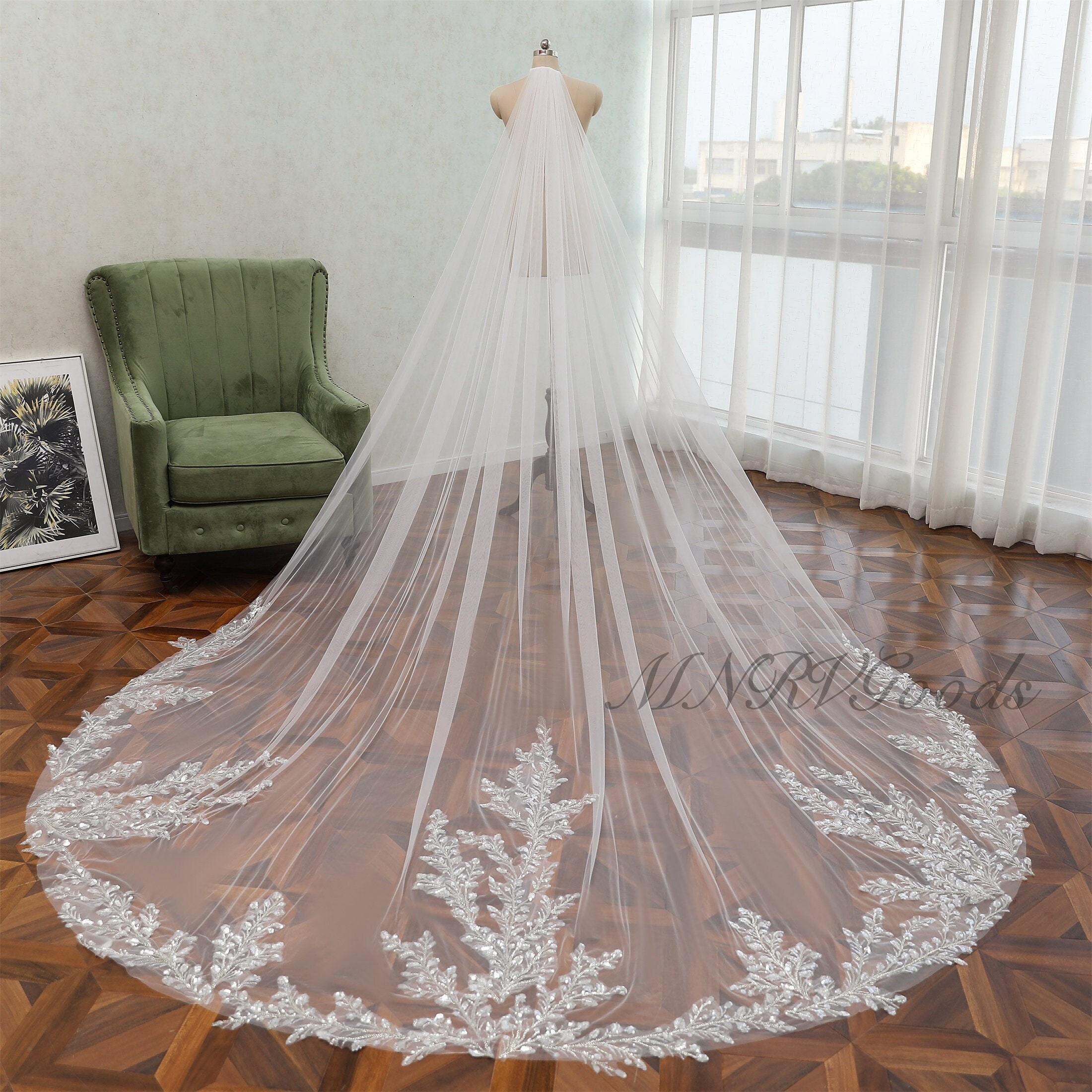 Lace Royal Cathedral Wedding Veil with Heavy Rhinestone Scatter CF250