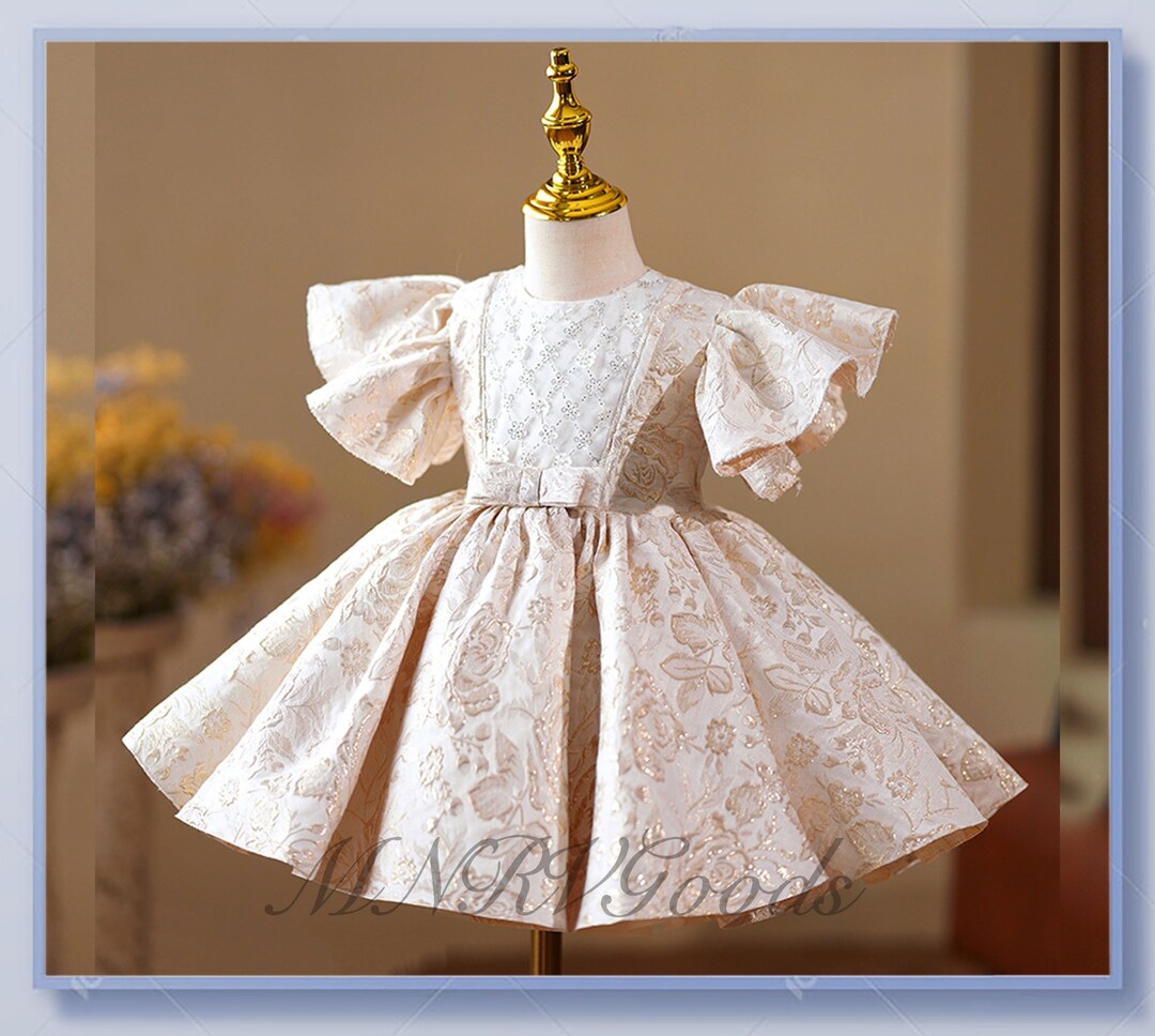 3T Golden Jacquard Flower Satin Flower Girl Dress Champagne Gold
