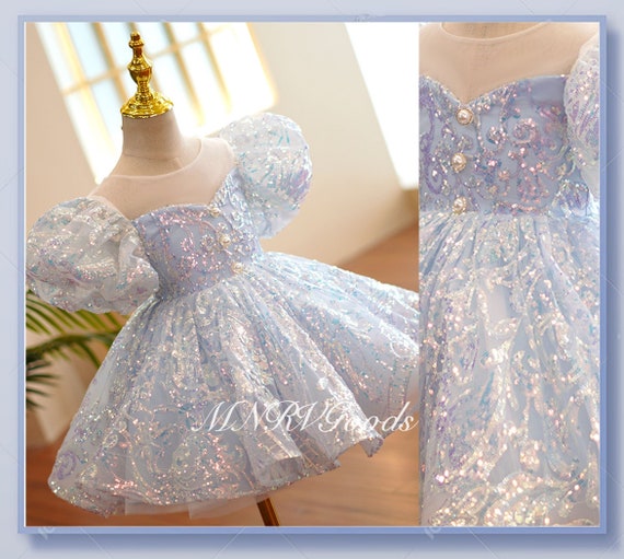 Blue Sequin Flower Girl Dress Tutu Gown Big Print Sequin Dress - Etsy