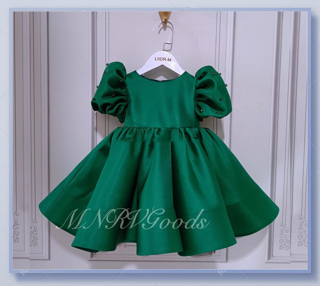 Forest Emerald Green Baby Girl Dress,puffy Sleeves Princess Dress