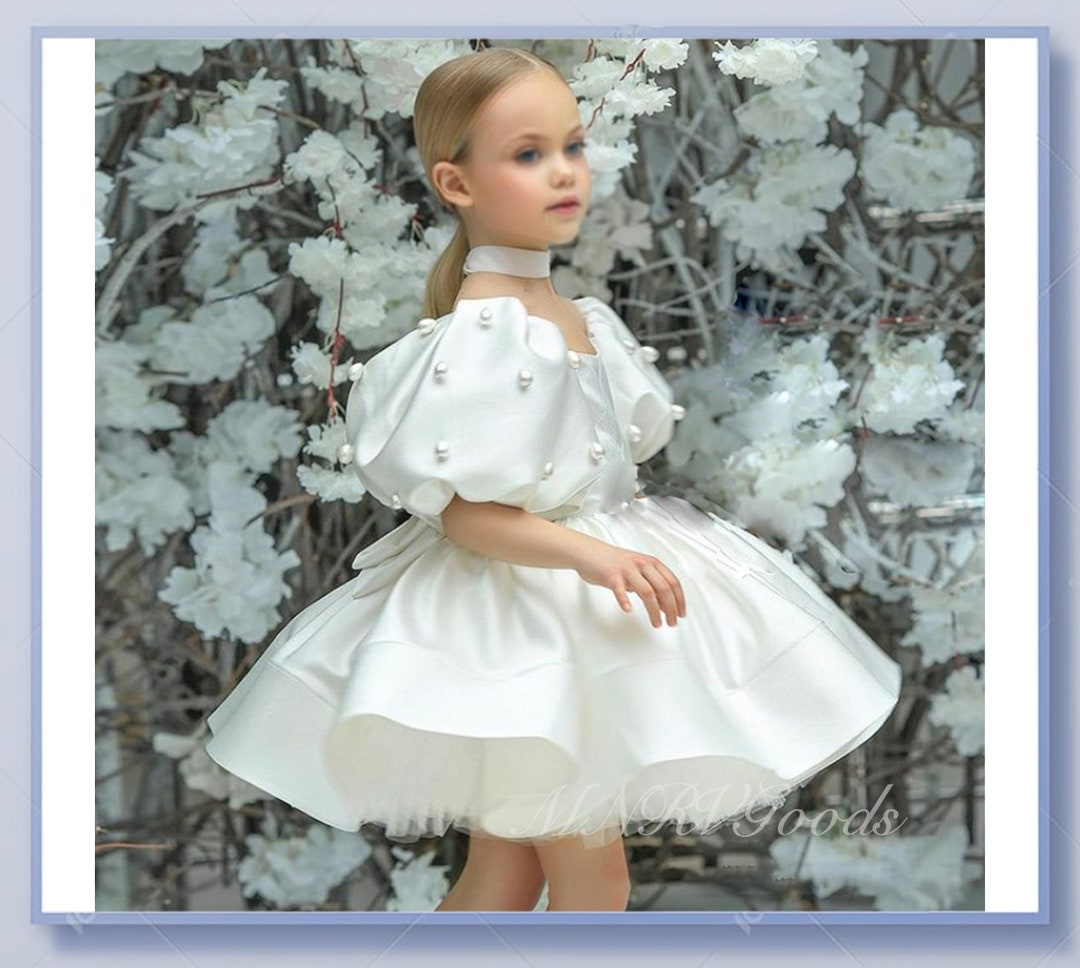 Elegant White Satin Flower Girl Dress Pearls Toddler Pageant Etsy