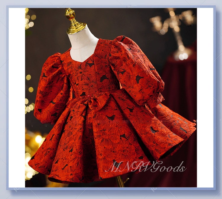 3T Elegant Toddler Pageant Dress Golden Jacquard Floral Satin